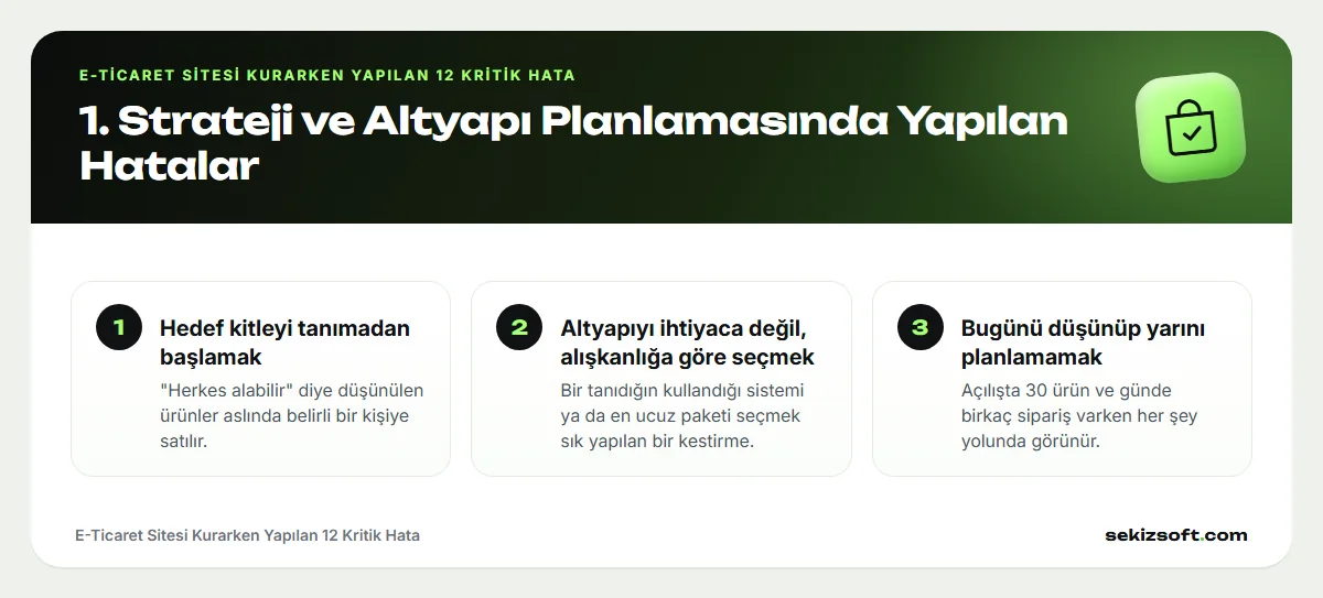 E-Ticaret Sitesi Kurarken Yapılan 12 Kritik Hata – Strateji ve Altyapı Planlamasında Yapılan Hatalar: Hedef kitleyi tanımadan başlamak ve diğerleri