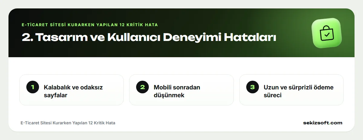 E-Ticaret Sitesi Kurarken Yapılan 12 Kritik Hata – Tasarım ve Kullanıcı Deneyimi Hataları: Kalabalık ve odaksız sayfalar, Mobili sonradan düşünmek ve diğerleri