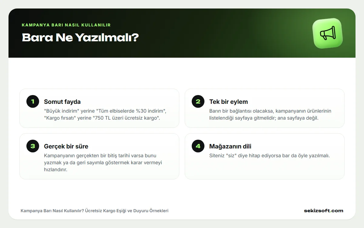 Kampanya Barı Nasıl Kullanılır – Bara Ne Yazılmalı?: Somut fayda, Tek bir eylem, Gerçek bir süre, Mağazanın dili