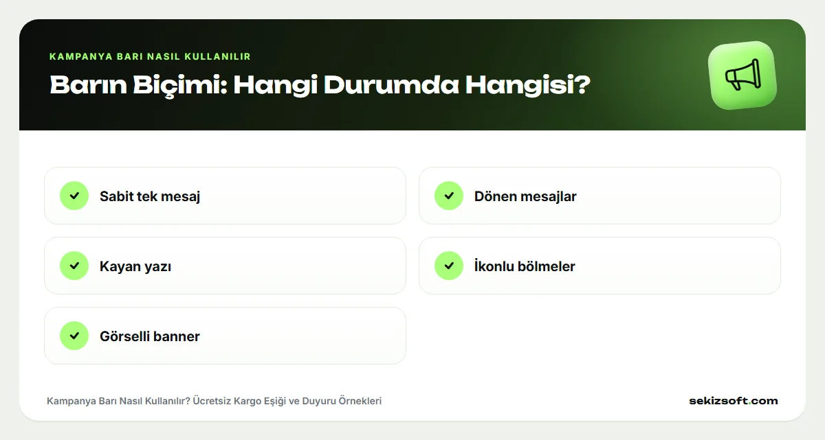 Kampanya Barı Nasıl Kullanılır – Barın Biçimi: Hangi Durumda Hangisi?: Sabit tek mesaj, Dönen mesajlar, Kayan yazı, İkonlu bölmeler, Görselli banner
