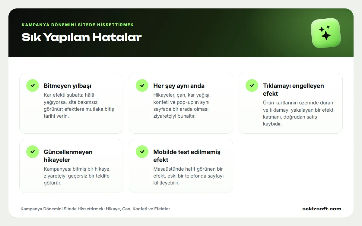 Kampanya Dönemini Sitede Hissettirmek – Sık Yapılan Hatalar: Bitmeyen yılbaşı, Her şey aynı anda, Tıklamayı engelleyen efekt, Güncellenmeyen hikayeler ve diğerleri