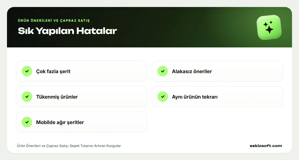 Ürün Önerileri ve Çapraz Satış – Sık Yapılan Hatalar: Çok fazla şerit, Alakasız öneriler, Tükenmiş ürünler, Aynı ürünün tekrarı, Mobilde ağır şeritler